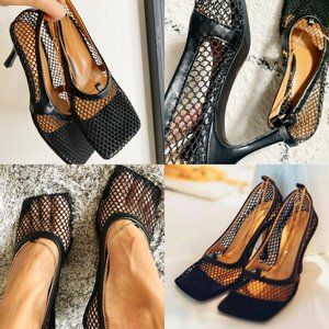 Black Square Hollow Mesh Net High Heel Sandals